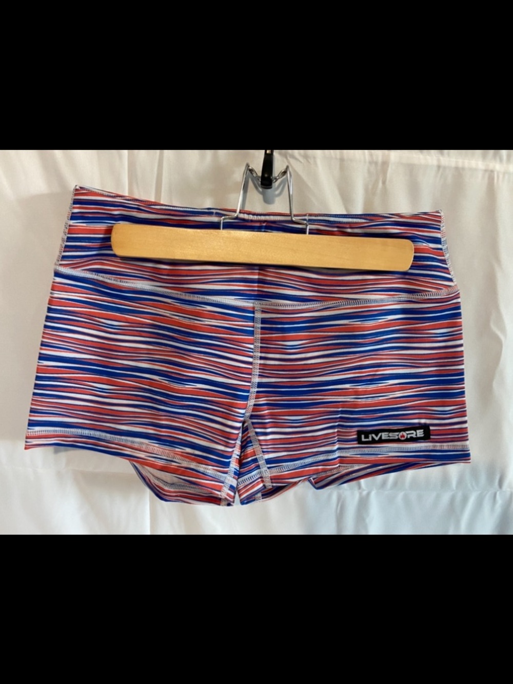 Livesore Women's Athletic Shorts in Red, Blue & White Stripe